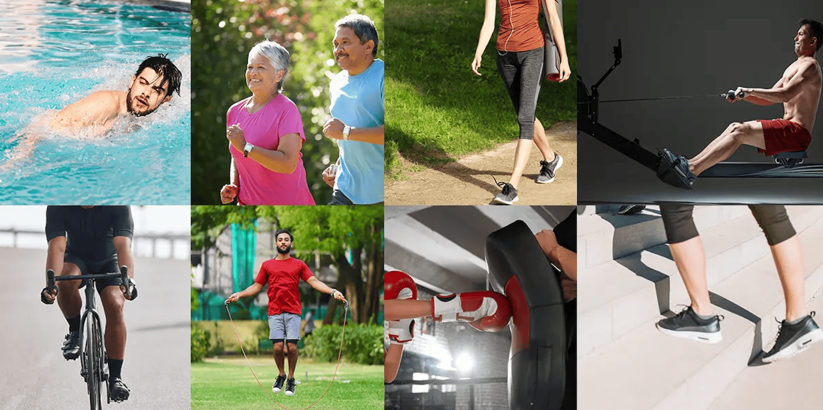 walking, swimming, yoga